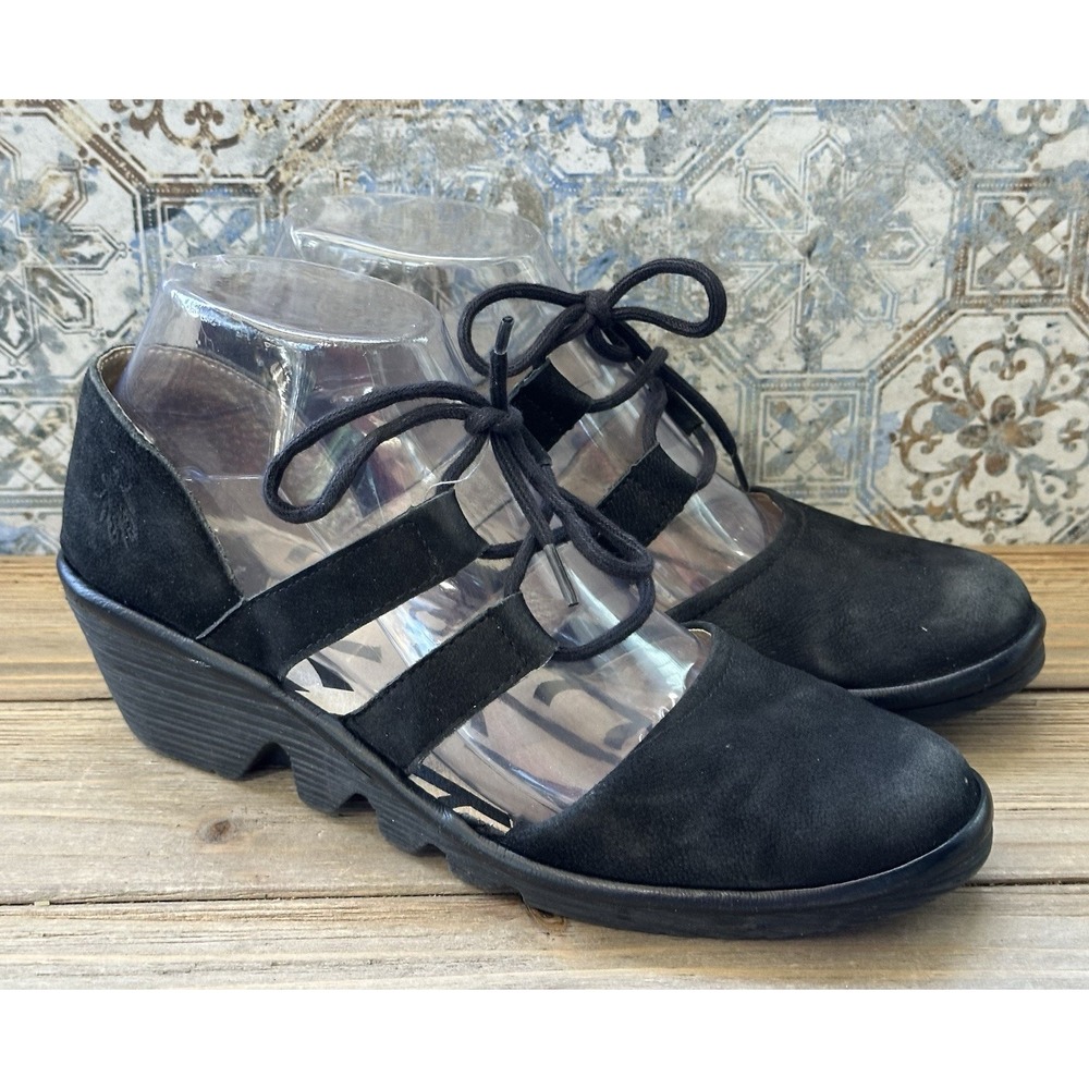 Fly London Leather Wedge Shoes Black Sz 7 / 37 Women’s